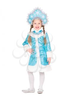 Girl posing in snow maiden costume. Isolated on white