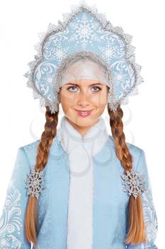 Portrait of young woman in snow maiden costume. Isolated on white
