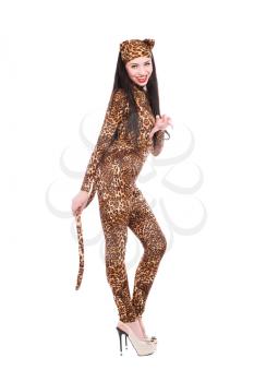 Attractive young woman posing in leopard suit. Isolated on white
