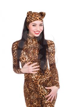 Smiling young brunette wearing like a leopard. Isolated on white