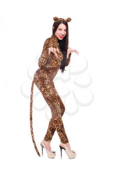 Cheerful young woman posing in leopard suit. Isolated on white