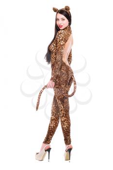 Smiling young woman wearing like a leopard. Isolated on white