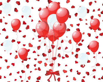 Beautiful balloons in the air on seamless hearts backgrond. Vector illustration.