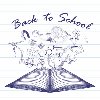 Doodle drawn open notebook with the flying off education symbols and Back to School title.