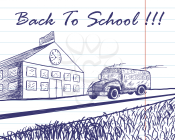 Doodle drawn school bus driving up to school building. 