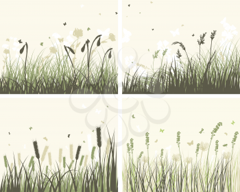 Set of 4 Meadow Backgrounds With Flowers and Butterflies.