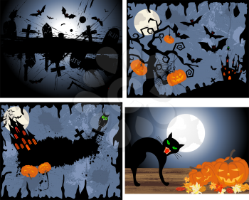 Set of Halloween Greeting Cards. Elegant Design With Pumpkin, Moon, Tree, Grave, Castle, and Cats Over Grunge Dark Sky Background. Vector illustration.