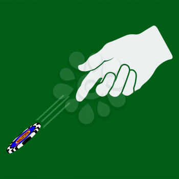 Hand throwing gambling chip over green background. Vector illustration.