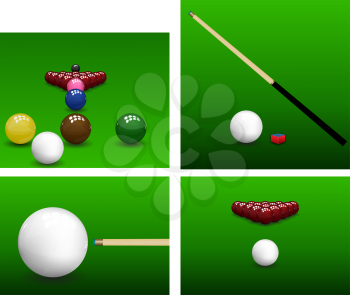 Snooker set on green background. Vector illustration.