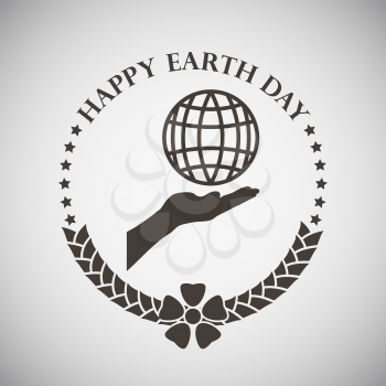Earth day emblem with palm holding planet. Vector illustration. 