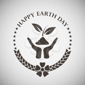 Earth day emblem with two palms holding plant. Vector illustration. 