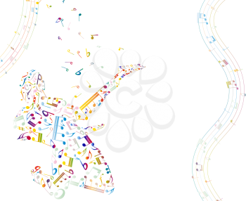 Musical background with guitarist from colorful notes. Vector illustration. 