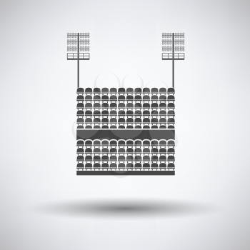 Stadium tribune with seats and light mast icon on gray background, round shadow. Vector illustration.