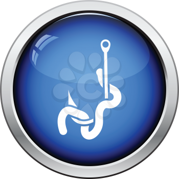 Icon of worm on hook. Glossy button design. Vector illustration.