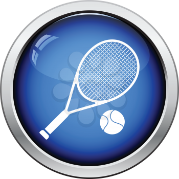 Tennis rocket and ball icon. Glossy button design. Vector illustration.