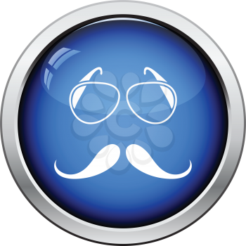Glasses and mustache icon. Glossy button design. Vector illustration.