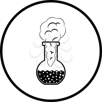 Icon of chemistry bulb with reaction inside. Thin circle design. Vector illustration.