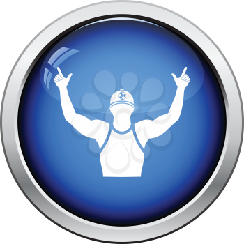 Football fan with hands up icon. Glossy button design. Vector illustration.
