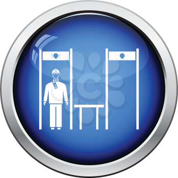 Stadium metal detector frame with inspecting fan icon. Glossy button design. Vector illustration.