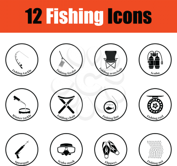 Fishing icon set.  Thin circle design. Vector illustration.