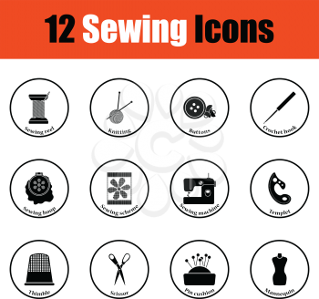 Set of twelve sewing icons.  Thin circle design. Vector illustration.
