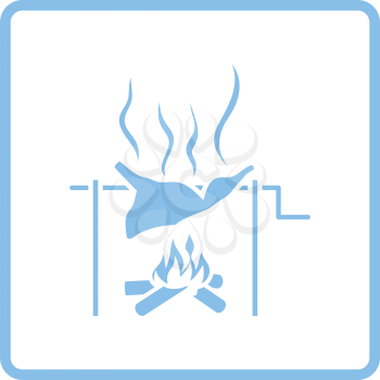 Roasting meat on fire icon. Blue frame design. Vector illustration.