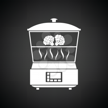Kitchen steam cooker icon. Black background with white. Vector illustration.