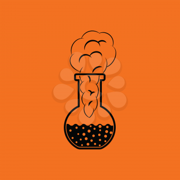 Icon of chemistry bulb with reaction inside. Orange background with black. Vector illustration.