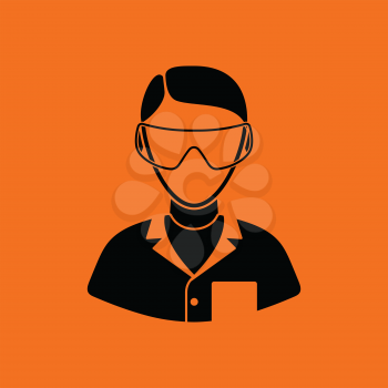 Icon of chemist in eyewear. Orange background with black. Vector illustration.