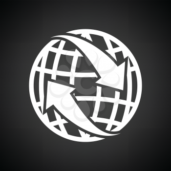 Globe with arrows icon. Black background with white. Vector illustration.