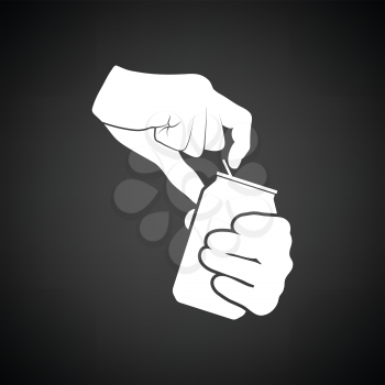 Human hands opening aluminum can icon. Black background with white. Vector illustration.