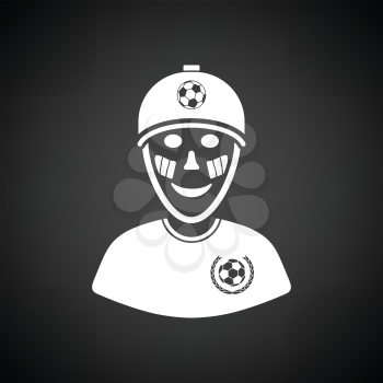 Football fan with painted face by italian flags icon. Black background with white. Vector illustration.