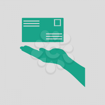 Hand holding letter icon. Gray background with green. Vector illustration.