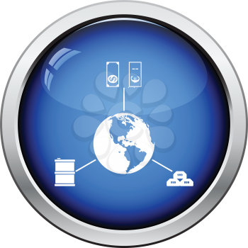 Oil, dollar and gold with planet concept icon. Glossy button design. Vector illustration.