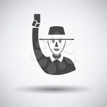 Cricket umpire with hand holding card icon on gray background, round shadow. Vector illustration.