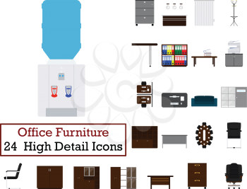 Set of 24  Office Furniture Icons. Flat color design. Vector illustration.