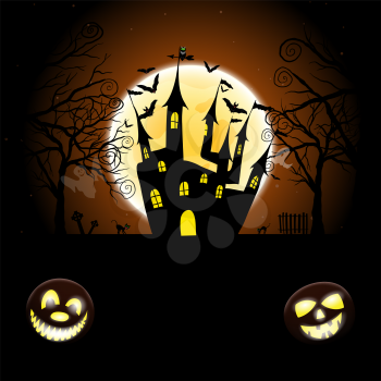 Happy Halloween Greeting Card. Elegant Design With Pumpkin, Moon, Tree, Grave, Castle, Spooky and Cats   Over Grunge Dark Blue Starry Sky Background. Vector illustration.