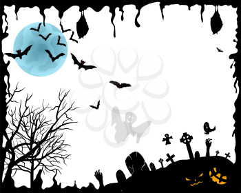 Happy Halloween Greeting Card. Elegant Design With Bats, Spooky, Grave, Cemetery, Tree and Moon  Over Orange Grunge Starry Sky Background With Ink Blots. Vector illustration.