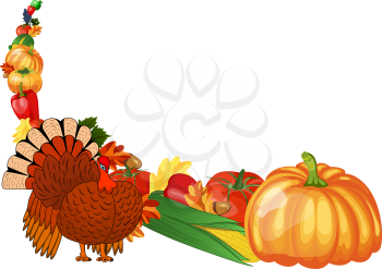 Thanksgiving day greeting card. Design consist from pumpkin, pepper, tomato, apple, grape, corn, oak leaves, acorns and turkey  on white background.  Very cute and warm colors. Vector illustration.
