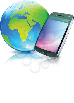 Royalty Free Clipart Image of a Cellphone and World Icon