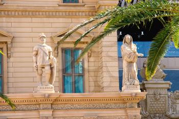 LAS VEGAS, NEVADA, USA - OCTOBER 21, 2013 : Statues on the facade of Paris Hotel in Las Vegas.  Opened in 1999 and demonstrates the sights of Paris  