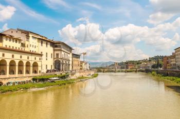 FLORENCE, ITALY - MAY 08, 2014: Quay of the river Arno of the ancient Italian city Florence. Florence - the administrative center of the region of Tuscany. Population of more than 373,000 people
