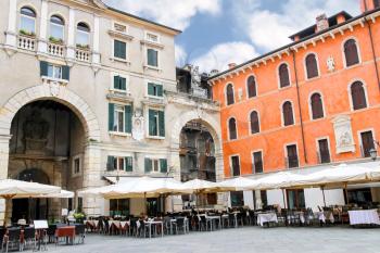 Tables outdoor restaurant on the Piazza della Signoria in Verona, Italy