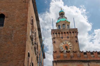 Clock Tower on Palazzo Comunale in Bologna. Italy