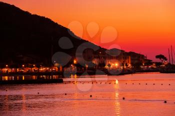Coast of the Tyrrhenian Sea on sunset. Marciana Marina, Elba Island, Italy