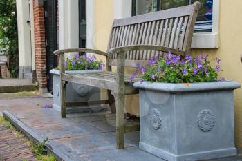 Traditional Dutch wooden bench surrounded by decorative plants on the city street