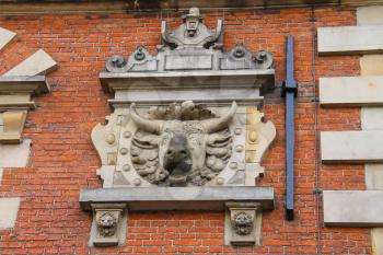 The ox-head on the building of the Vleeshal (meat-hall) at the Grote Markt in Haarlem. The Netherlands