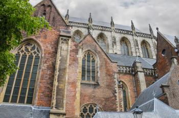 Facade of the Grote Kerk (Sint-Bavokerk) in the  historic center of Haarlem, the Netherlands