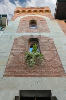 Facade of old building with decorative plants in city centre. Viareggio, Italy