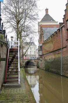 Utrecht, the Netherlands - February 13, 2016: Famous Oudegracht canal in in historic city centre